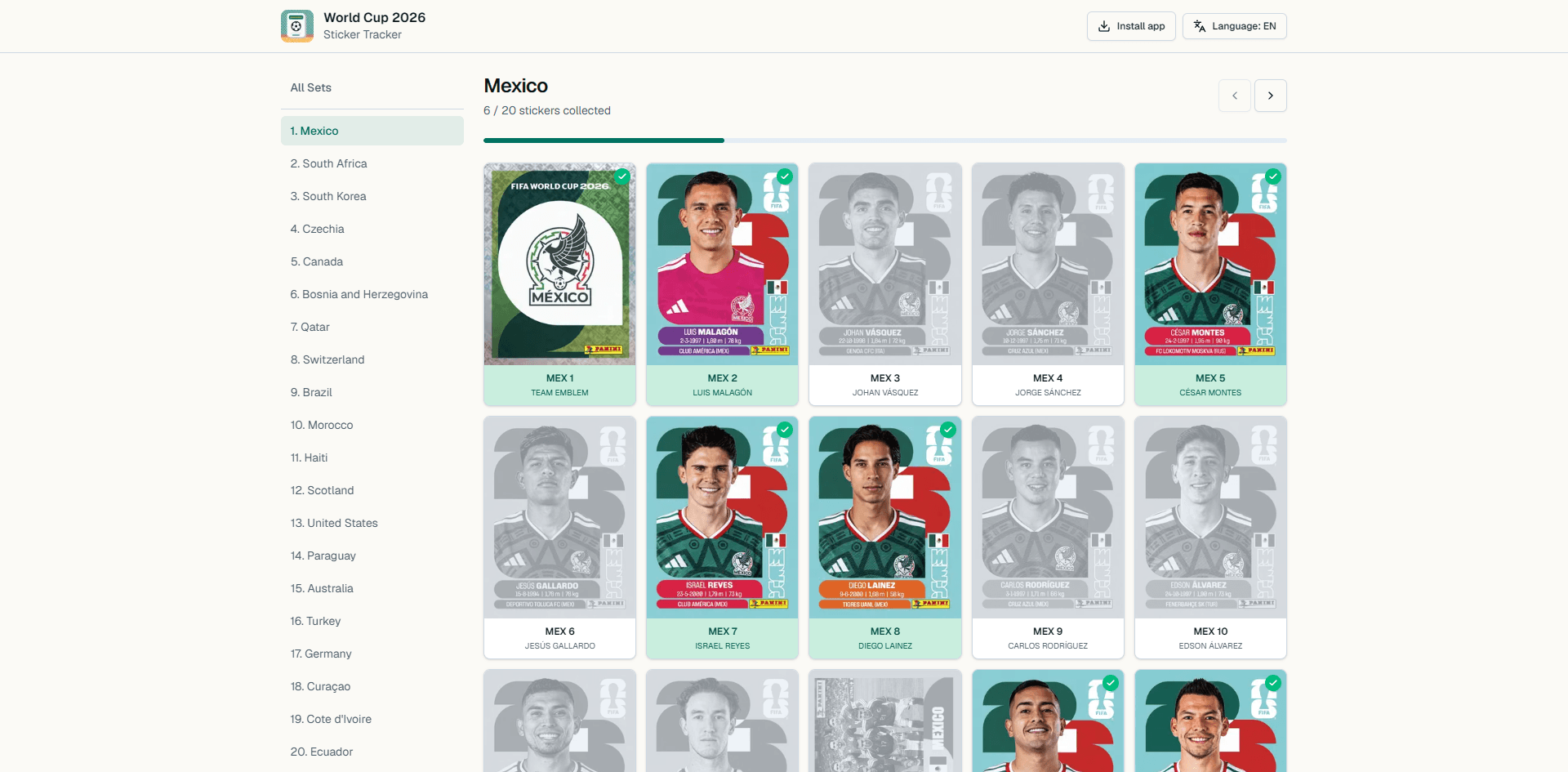 Ecrã de registo de cromos no Trackini